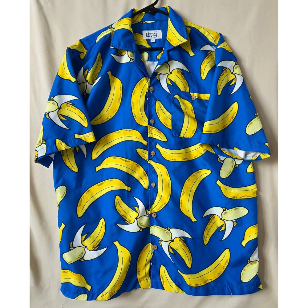 Uzzi Amphibious Gear Mens Banana Print Button Down Shirt Blue Yellow Large L